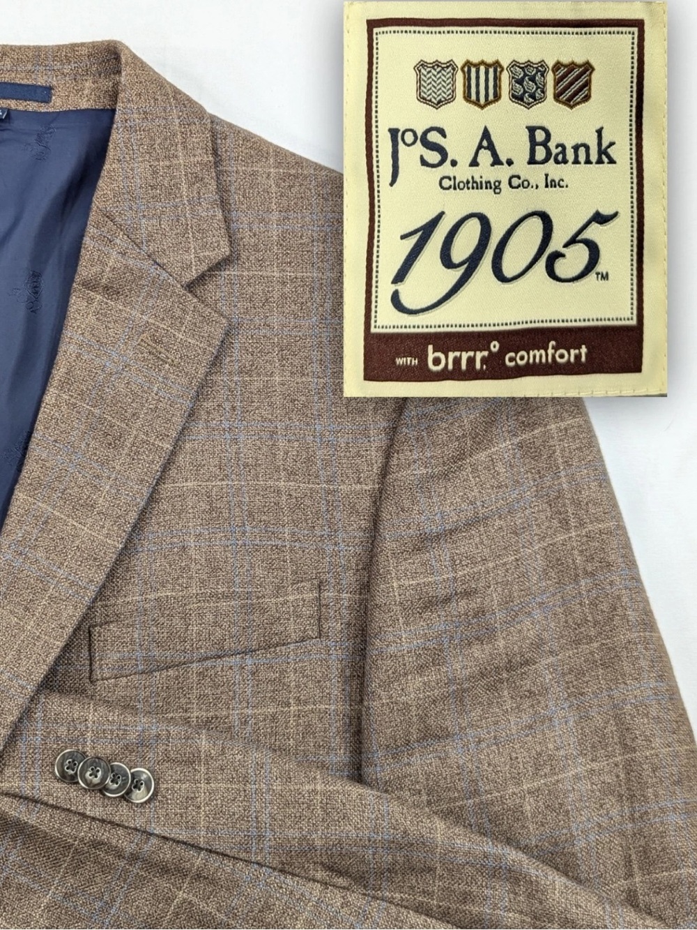 Jos. A. Bank 1905 Brown Windowpane Linen Wool Blend Blazer 44 R